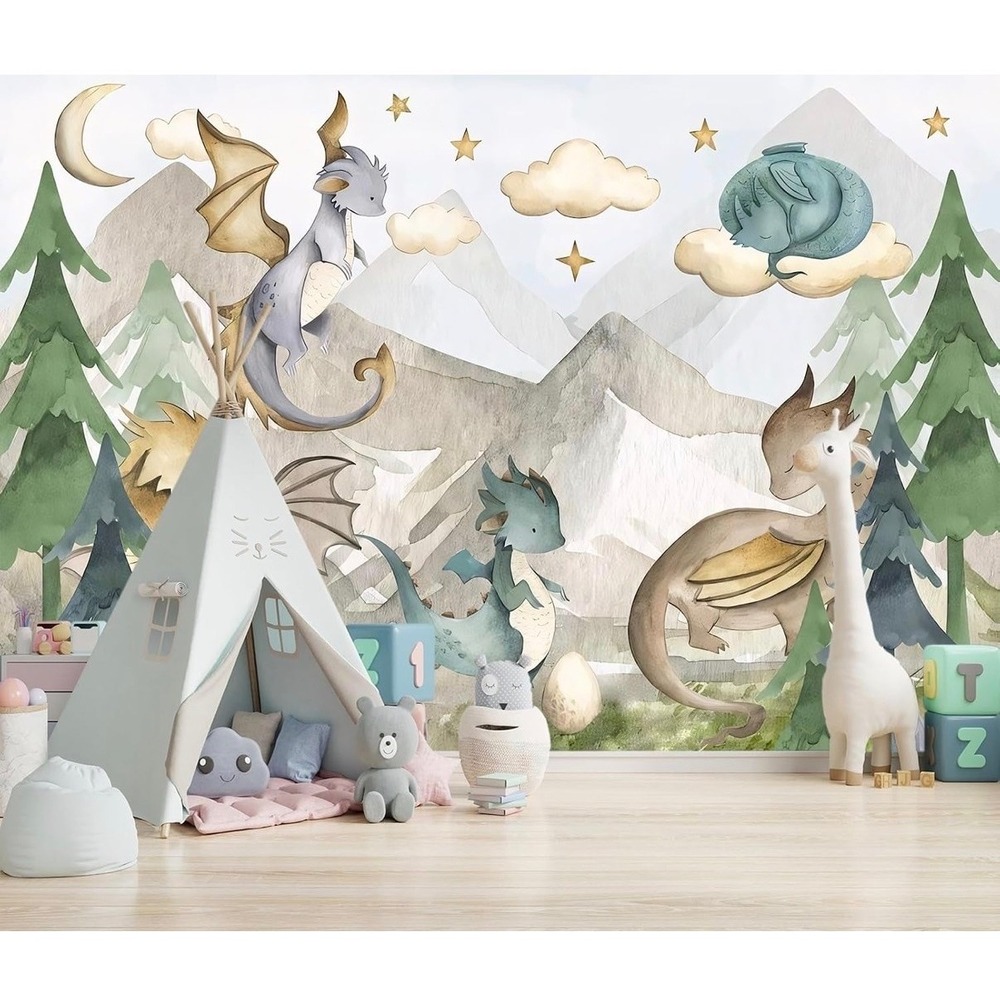XMPMBM Peel & Stick Wall Mural 137x96 Kids Nursery Dragons Waterproof Canvas